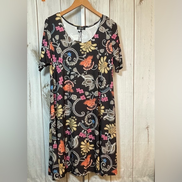 Lbisse Black Coral Floral Scoop Neck Shift Dress Misses L 12/14 Stretch Knit NEW - Picture 1 of 5